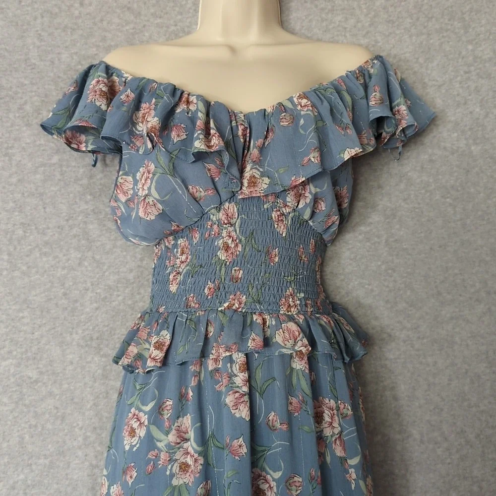 Floret Studios Luna Floral Smoked Midi‎ Tiered Off Shoulder Milkmaid Cottage S